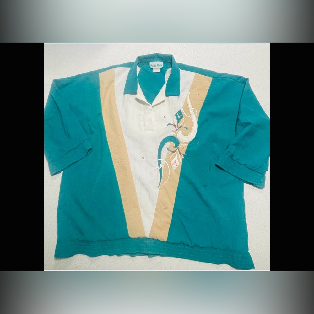 Palm Clubβ Teal & White Vintage Button Up Tee, XL